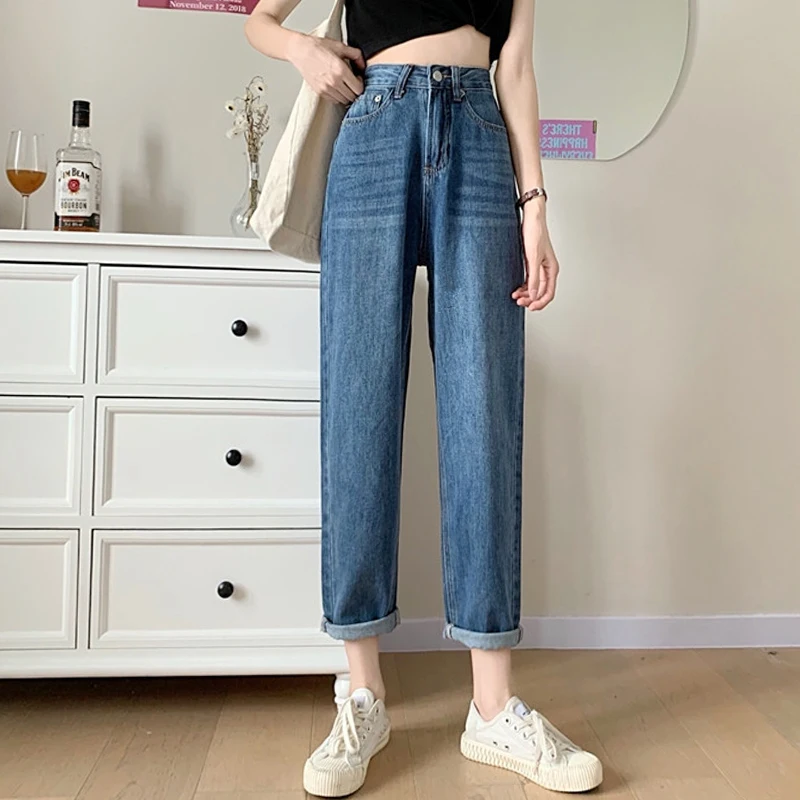 

New 2020 Autumn Korean Version Of Net Red Daddy Pants High Waist Loose Jeans Nine Point Straight Bobbin Retro Women