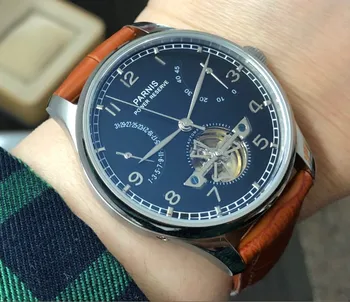 

43mm PARNIS black dial power reserve Automatic Self-Wind Mechanical movement Automatic date men's watch Leather Starps pa104-p8