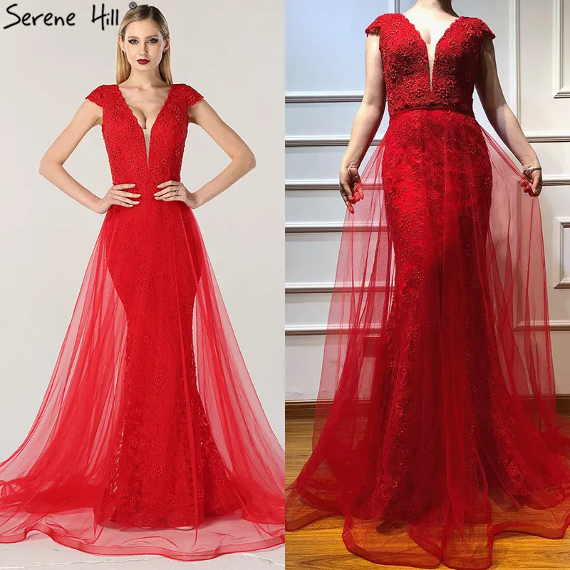Красное Кружевное платье без рукавов с жемчугом, Сексуальные вечерние платья, модное вечернее платье Русалка с v-образным вырезом, вечернее платье Serene hilm BLA6604