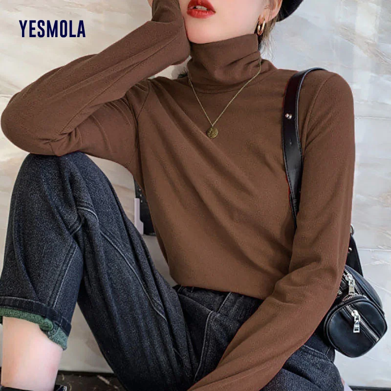 

YESMOLA, простая тонкая женская футболка с низом, сезон осень-зима 2021, однотонная женская футболка с высоким воротником и длинными рукавами, женские топы