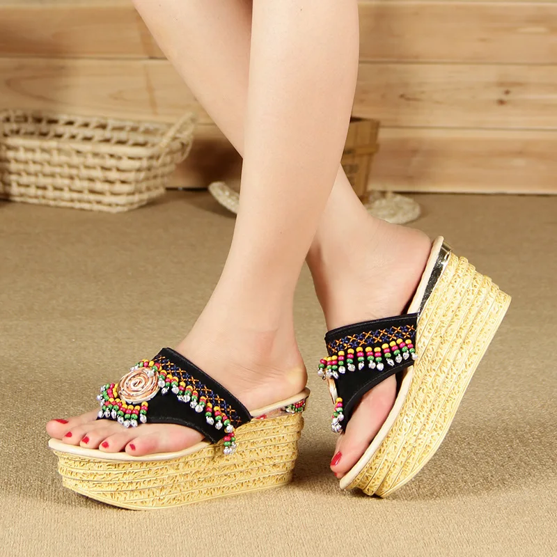 

2017 Summer Ethnic-Style Beaded Bracelet Slanted Heel Split Toe High Heel Platform Thick Bottomed Flip-flops WOMEN'S Shoes