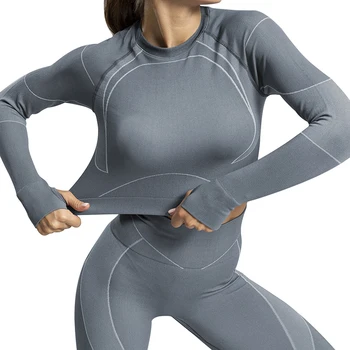 

Women Energy Seamless Yoga Sets Sexy Breathable Mesh Knitted Gym Set 2 Piece Sportswear Long Sleeve Top+High Waist Yoga Leggings