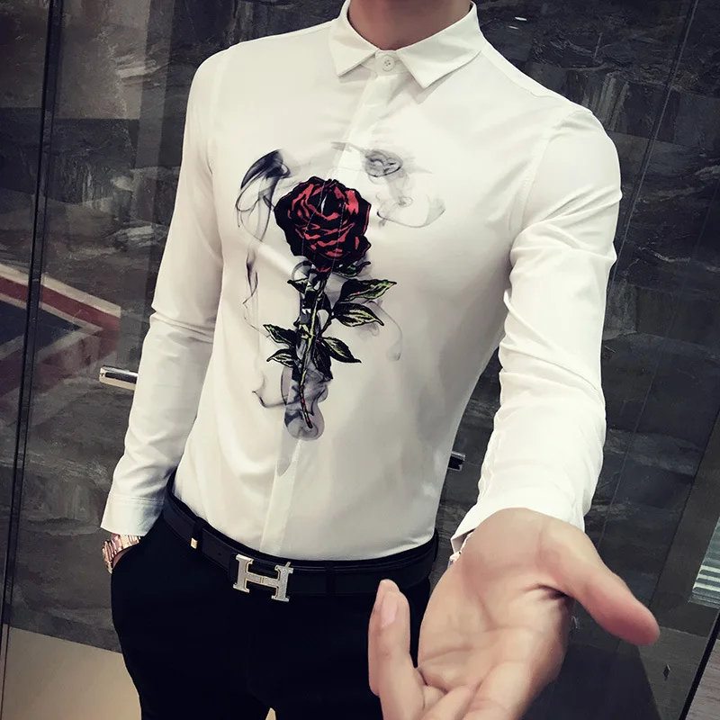 Goede Mannen Shirt Koreaanse Slim Fit 2018 Nieuwe Digital Print Casual mannen Sociale Shirts Lange Mouwen Night Club Party Shirt camisa Masculina