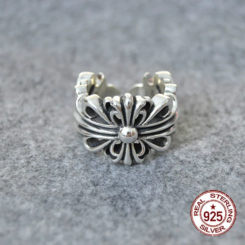 

S925 sterling silver ring engraved couple personality sleek minimalist pure punk style cross flower openwork styling jewelry
