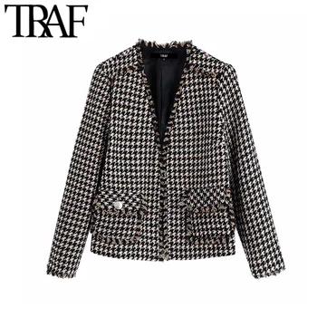 

TRAF Women Vintage Stylish Pockets Frayed Houndstooth Blazer Coat Fashion V Neck Long Sleeve Office Wear Outerwear Chic Tops