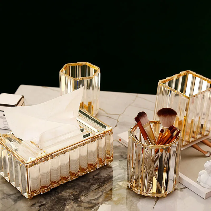 Crystal Tissue Box Home Hotel Car Removable Tissue Case Cosmetic Pen Holder Tools Desktop Storage Racks Decor Paper Towel Holder 2