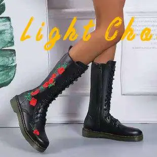 Spring Autumn Booties Female Plus Size 35-43 Sexy High Boots Knee-high Pu Boots Embroidered High Heels For Women Fashion Shoes