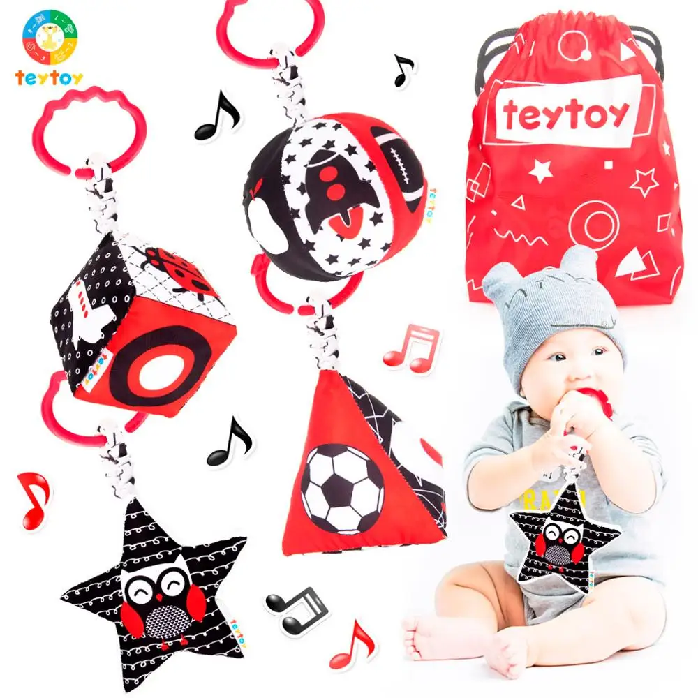 

TEYTOY High Contrast Baby Stroller Educational Toys, Shapes Rattle Set, Rings Hanging Toys for Stroller Crib Carseat(4 Pack)