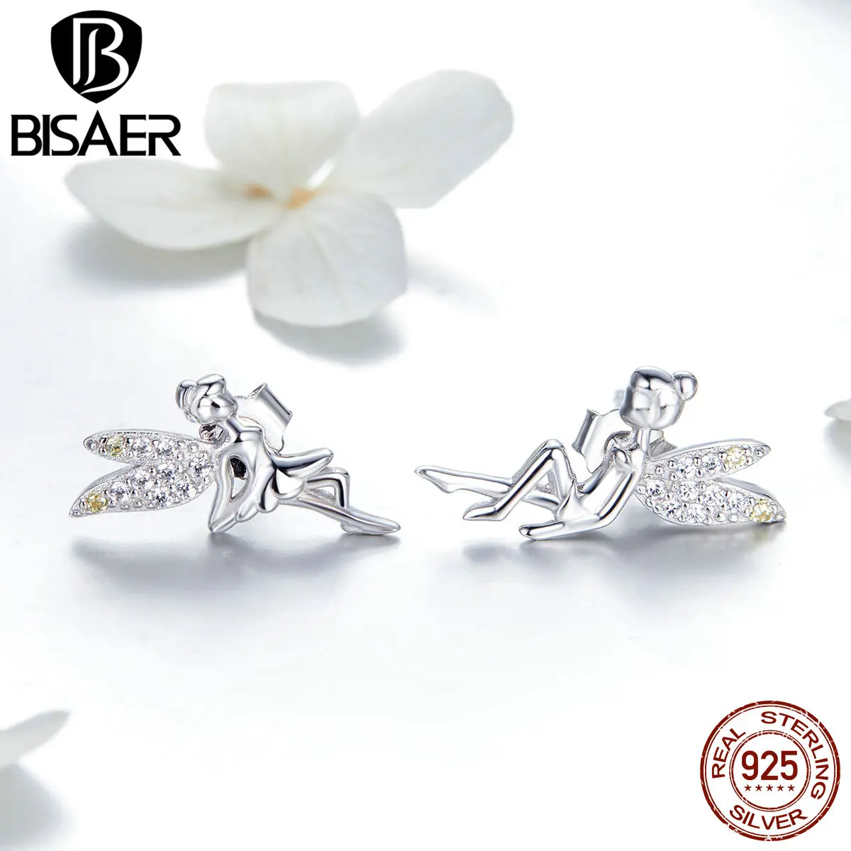 BISAER настоящие настоящие 925 пробы Серебряные Оригинальные красивые эльфы серьги-гвоздики для женщин модные ювелирные изделия HVE046