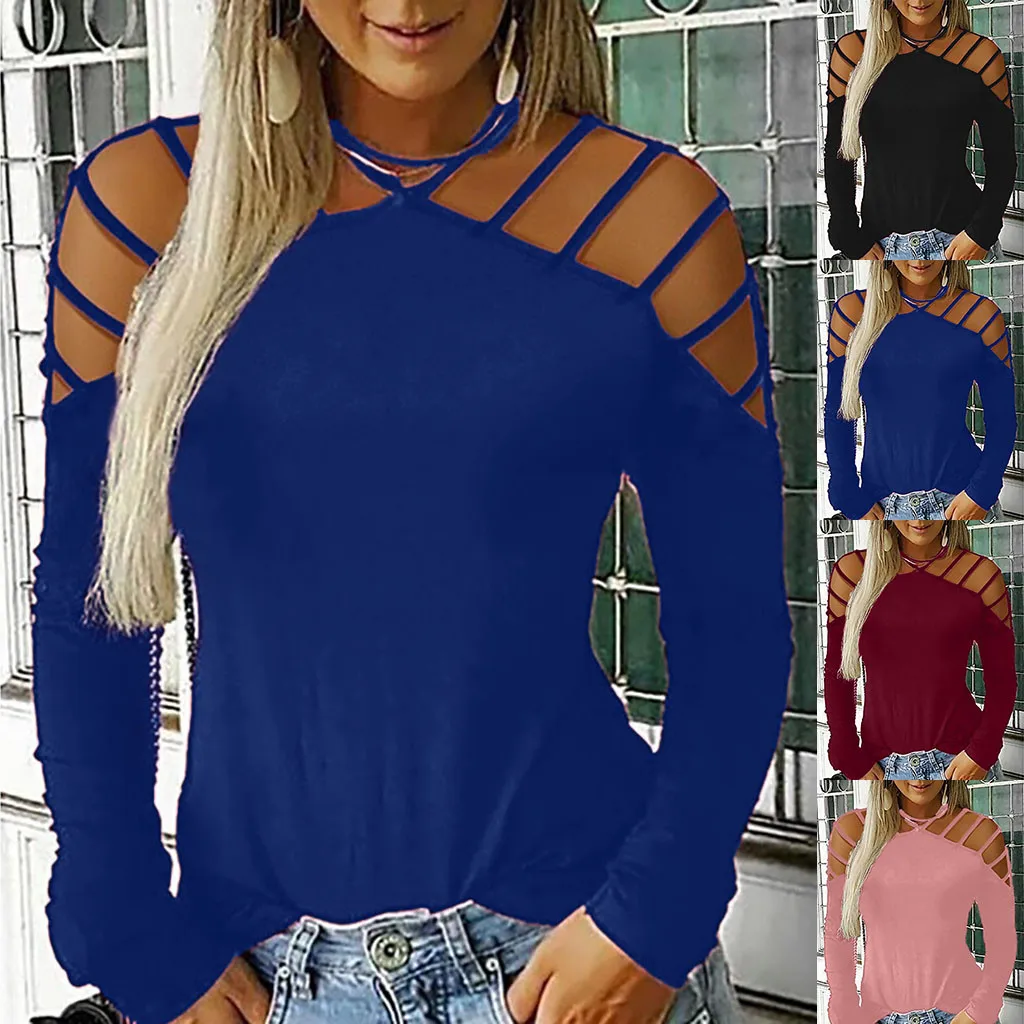 

Hot Sale Women's Fashion Casual Long-sleeved Strapless Openwork Solid Color Shirt T Shirt Футболка Stranger Things Dropship 30