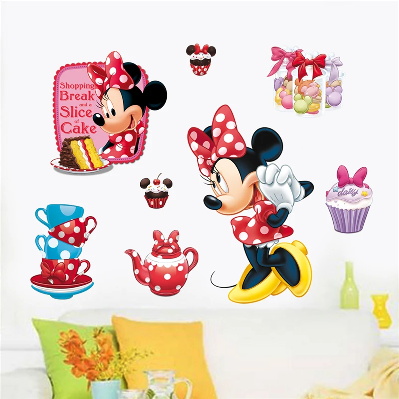 

Cartoon Minnie Shopping And A Slice Of Cake Wall Stickers Bedroom Home Decorations Disney Wall Decals Pvc Mural Art Diy Posters