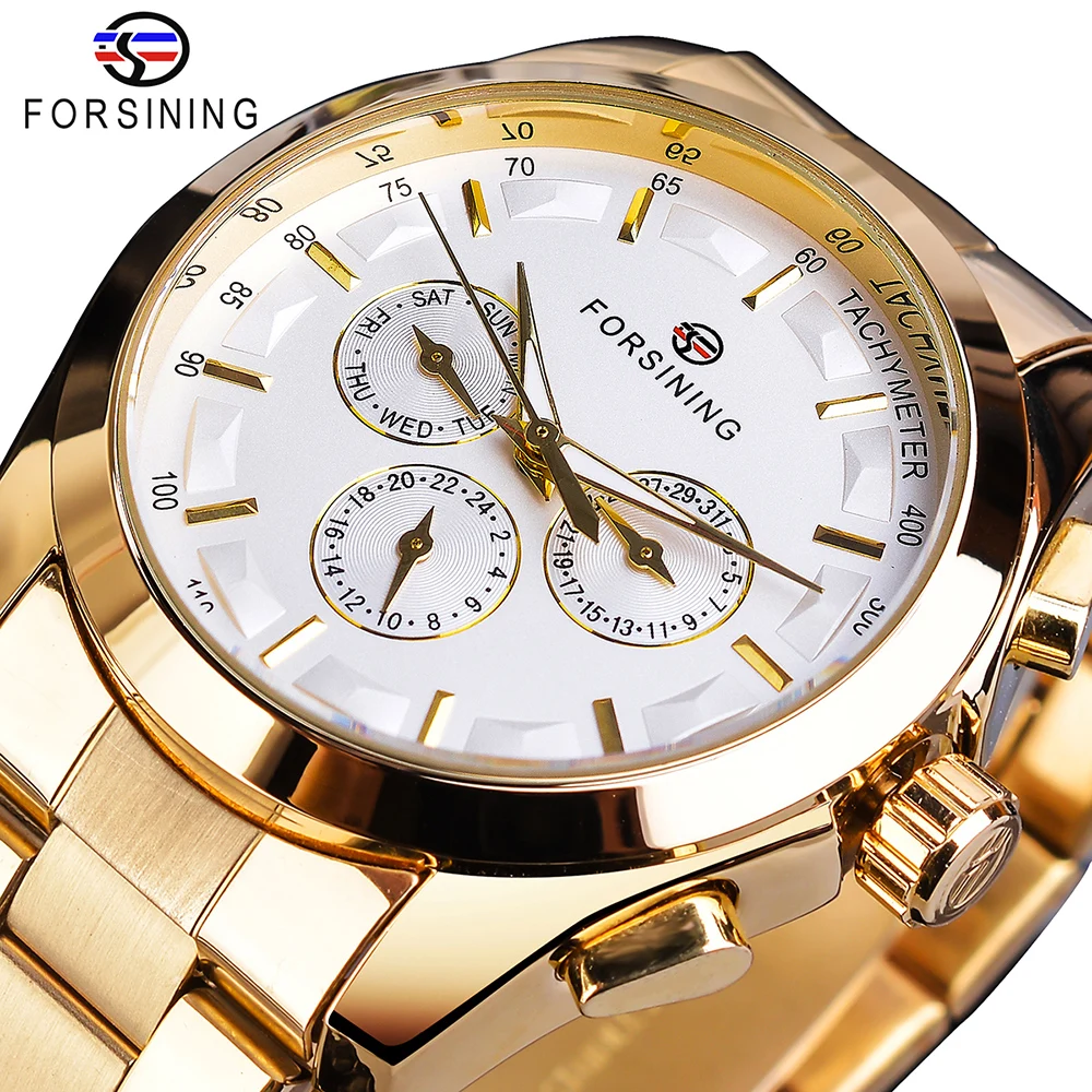 Forsining Black Business Mechanical Men Watch Automatic 3 Sub Dial Date Golden Steel Band Dress Wristwatch Clock Hour Time Reloj_voghion.com