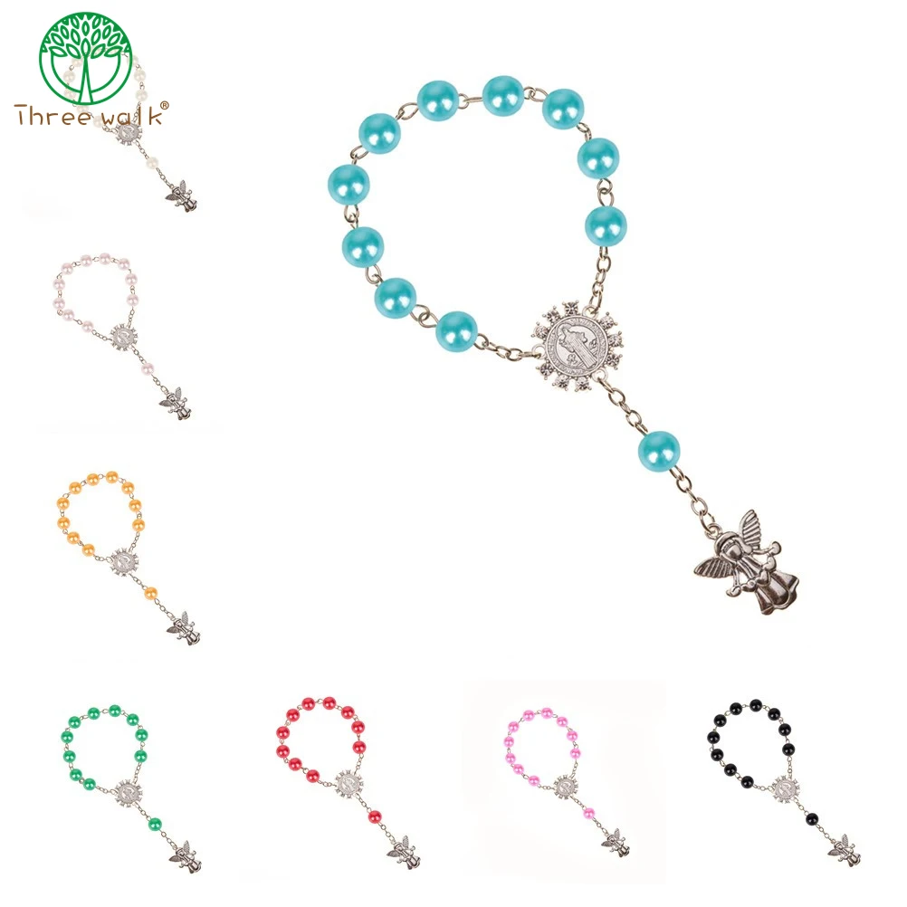 Pearl bracelet 10pcs, imitation pearl beads, Catholic rosary with angel wings pendants