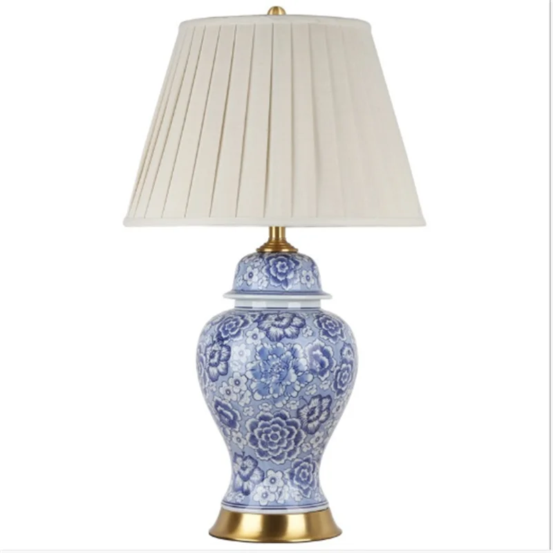 Pleated Lampshade Цзиндэчжэнь сине-белая фарфоровая Керамическая Настольная лампа для спальни прикроватная гостиная фойе стол для чтения ночной Светильник 190156 - Цвет абажура: Pleated Lampshade