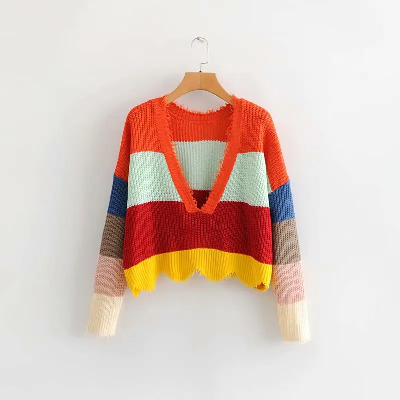 

Colour Geometric Patterns Women Loose Knitting Sweater Irregular Hem Short Tops 2019 Autumn Leisure Long Sleeves Pullovers SW621