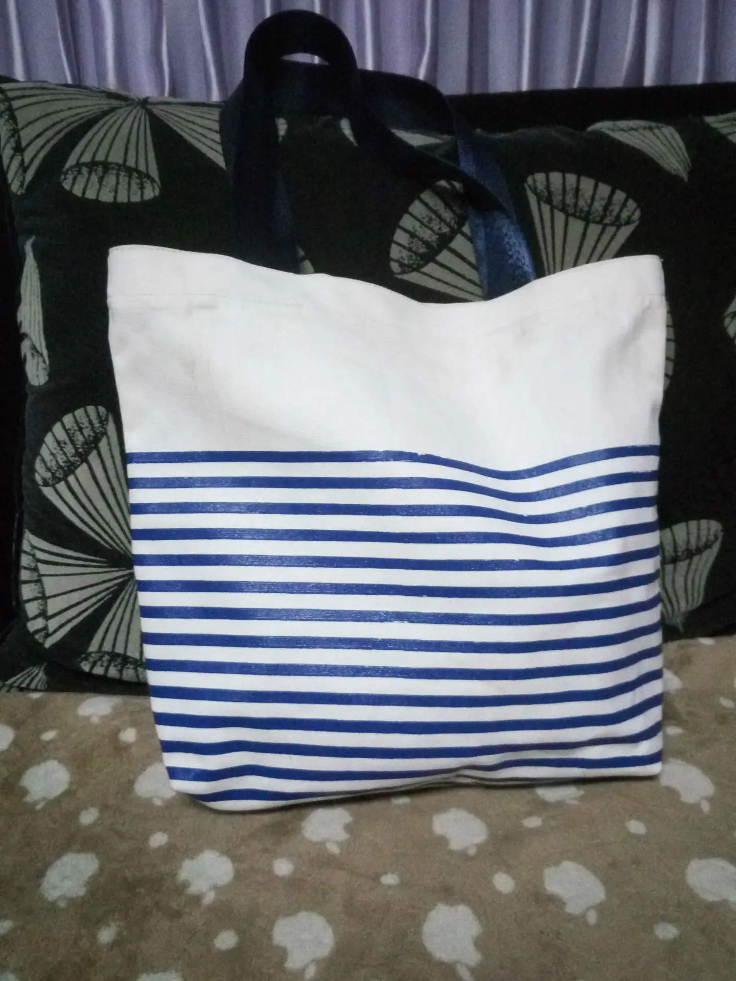 Trending-Korean Style Stripes Navy Style Large-Volume Shoulder Bag/ Hand Bag Women’s Canvas Handbag School Bag Environmentally F