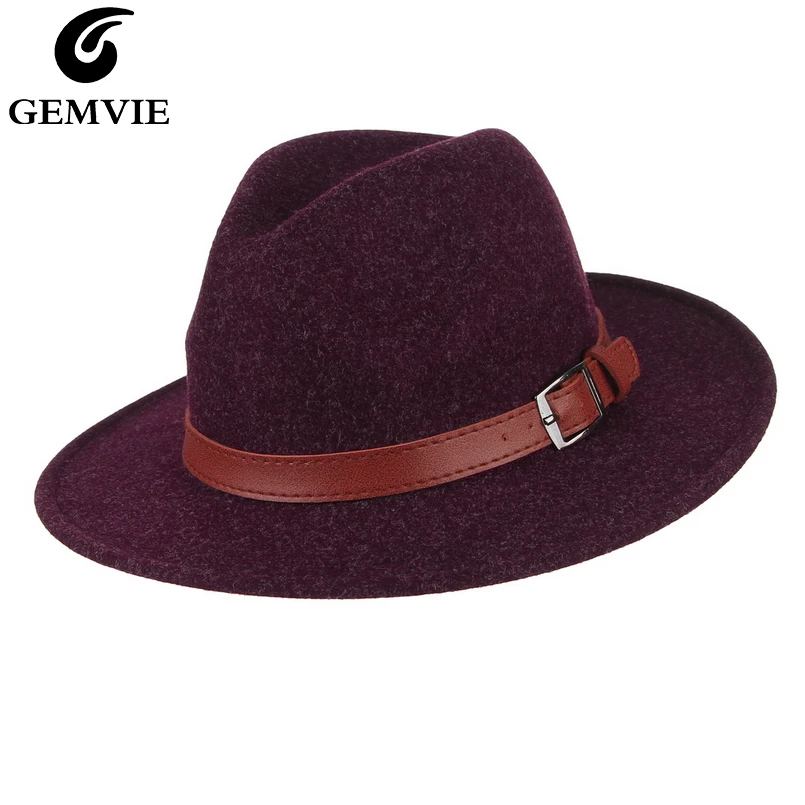 

GEMVIE 2019 New Wide Flat Brim Wool Hat Women Men Fedora With Buckle Leather Band Felt Hat Warm Autumn Winter Panama Jazz Cap