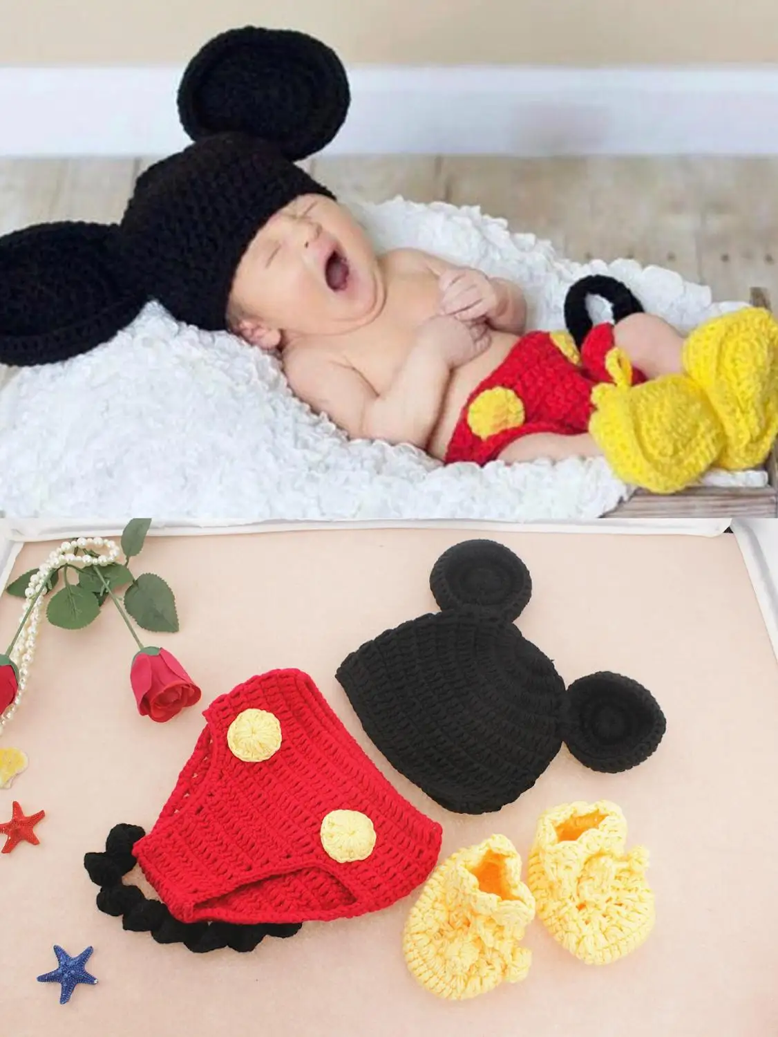 Одежда для фотосессии для маленьких мальчиков и девочек; вязаная крючком одежда с героями мультфильмов для новорожденных; реквизит для фотосессии; Одежда для новорожденных; аксессуары для фотосессии на день рождения - Цвет: Mickey 1
