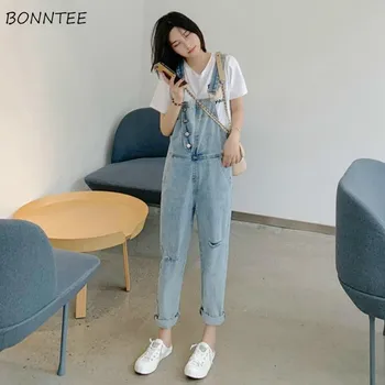 

Jumpsuits Women Solid Blue Denim Hole Vintage Simple Basic Teenager Loose Ulzzang Soft All-match Popular Suspender Overall Hot