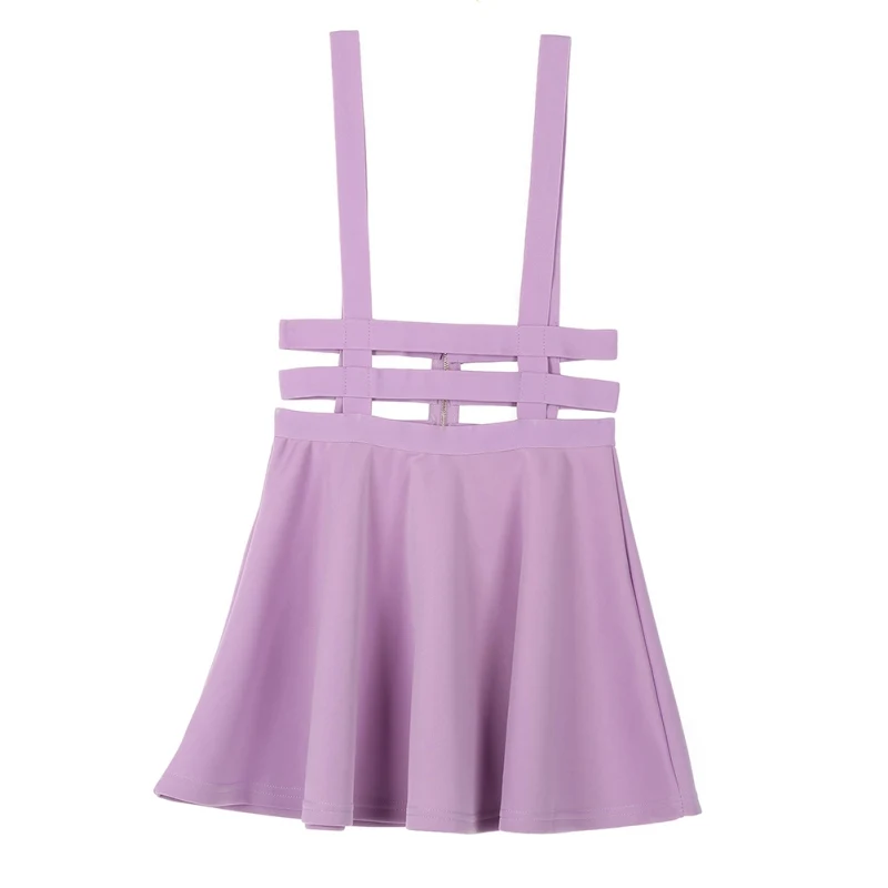 

Women Suspender Skirt Mini Retro Girl Ruffles Skater Pleated Short Braces Skirt Back Zipper Hollow Out Skirt