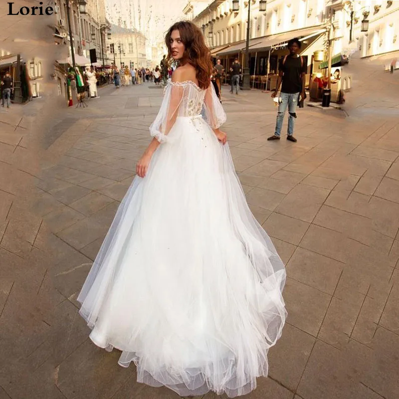LORIE Boho Trouwjurk Bladerdeeg Mouwen Vintage Bridal Dress 2019 3d Bloemen Uit De Schouder Bruidsjurk Vloer Lengte LORIE Boho Trouwjurk Bladerdeeg Mouwen Vintage Bridal Dress 2019 3d Bloemen Uit De Schouder Bruidsjurk Vloer Lengte