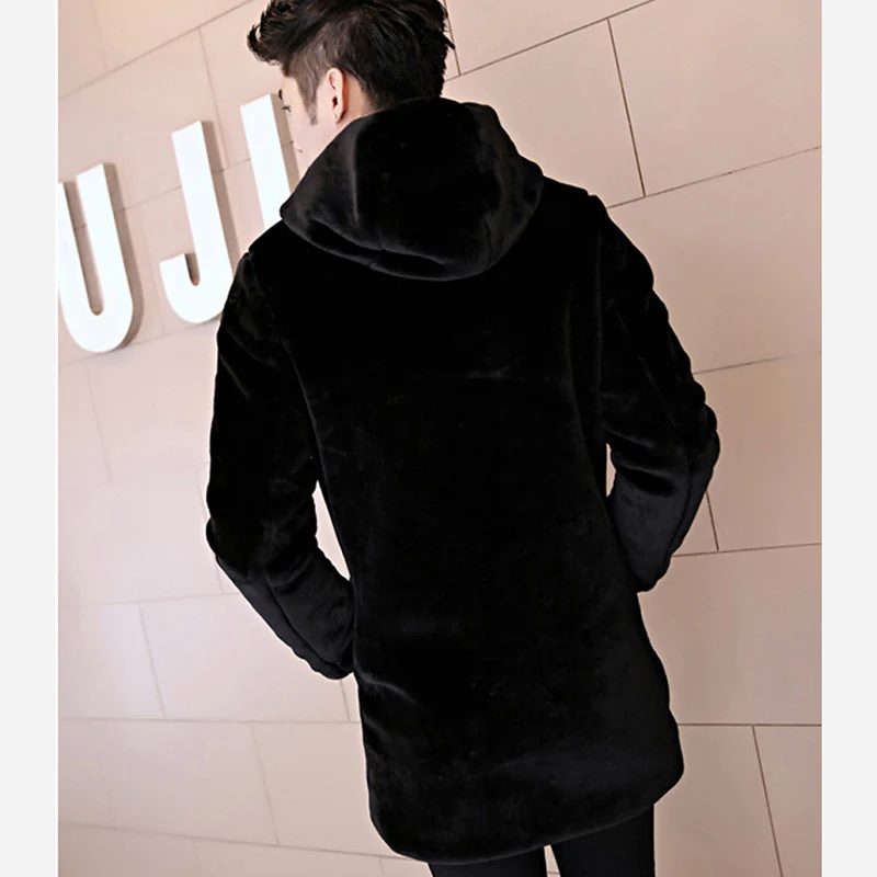 Faux Fur Coat 2019 Winter Men Jacket Warm Black Imitation Fox Fur Long Round Neck Hat 3