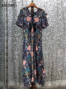 

Top Quality New 2020 Summer Dress for Women Sexy V-Neck Cute Birds Flower Print Short Sleeve Mid-Calf Casual Cotton Dress Chic