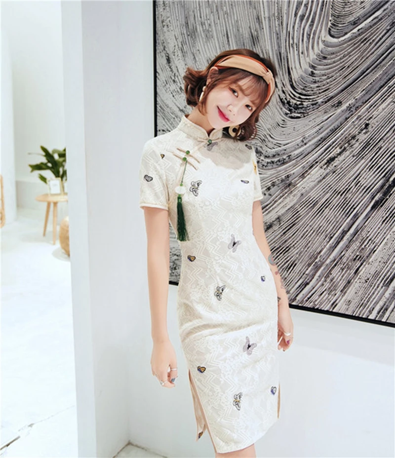Современный Cheongsam короткое XL тонкое сексуальное кружевное платье китайское