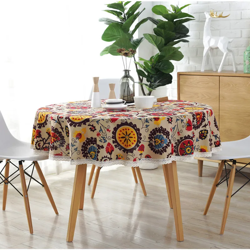 

Bohemian Cotton Table Cover Round Lace Sunflower Tablecloth Pastoral Printed Cloth Decoration for Home Hotel Lace Covers