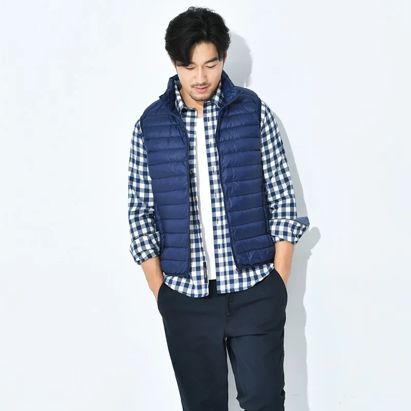 

Autumn Winter Mens Casual Ultra Light Sleeveless Down Jacket Vests Solid Color Stand Collar Slim Fit Waistcoat Outwear Male Vest