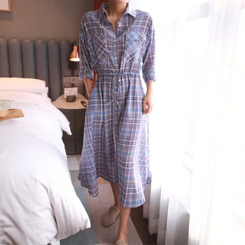 

SuperAen 2020 Spring and Summer New Plaid Long-Sleeve Dress Female Korean Style High-Waisted Ladies Dress Cotton Women Clothing