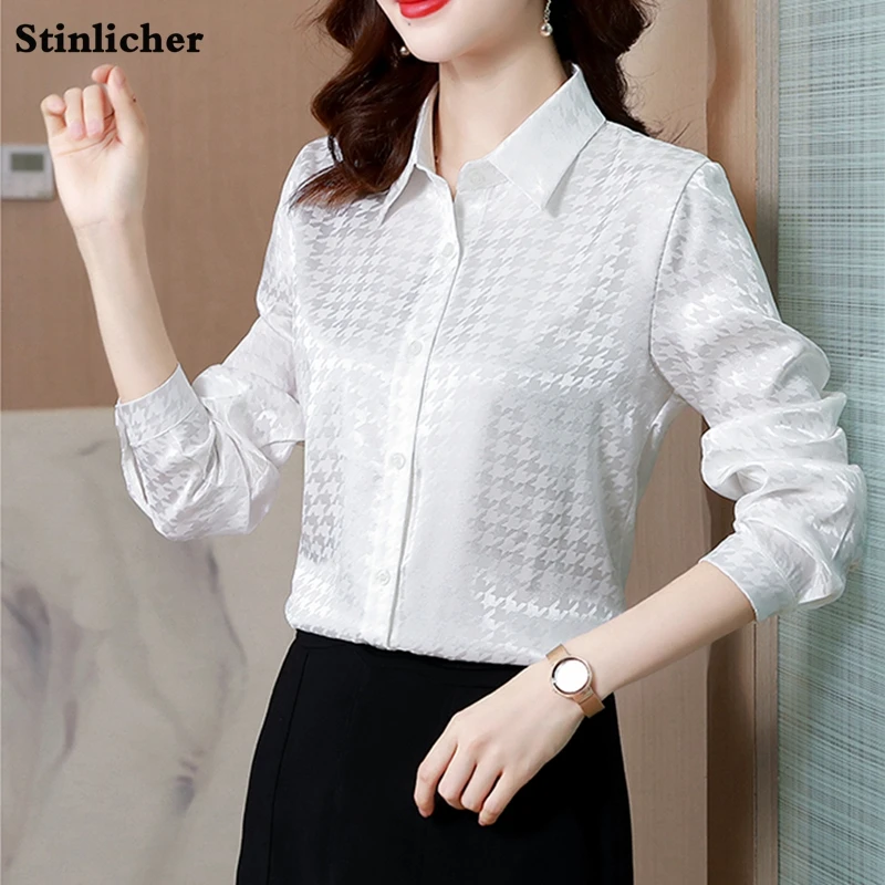 Fashion Party Houndstooth Satin Silk Shirt Women's Plaid Blouse Elegant