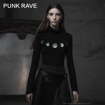 

PUNK RAVE Women's Gothic Witch Series Eclipse Printting T-shirt Thick Knit Slim Fit Irregular Hem Harajuku Long Sleeve Top