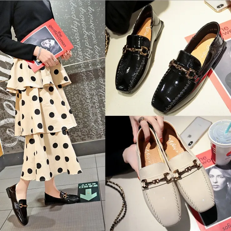 

2019 autumn new bright leather fashion square head temperament soft surface can be dragged beautiful flat shoes women's shoes
