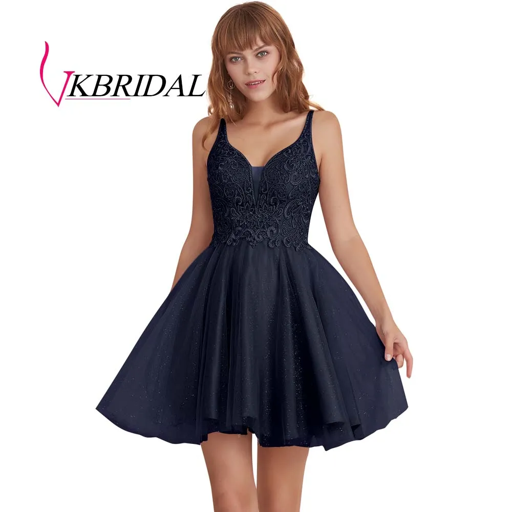 VKBRIDAL, сексуальные короткие платья для выпускного вечера с открытой спиной,, тюль, аппликация, кружево, бисер, милое платье для выпускного вечера, vestido de formatura - Цвет: navy blue