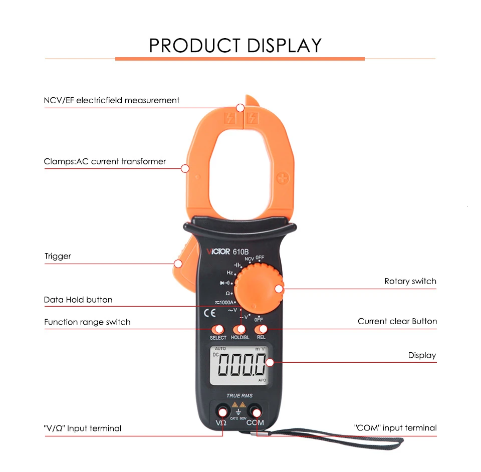 RuoShui VC610B AC DC ClampMeter 4000 отсчетов диод непрерывности мультиметр NCV True RMS Емкость Частота электрическая