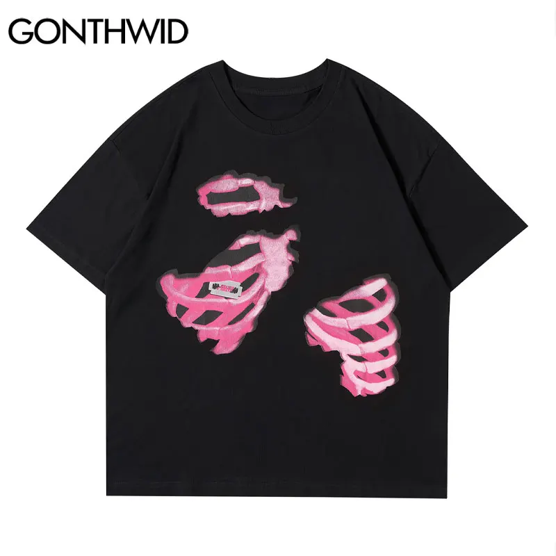 GONTHWID Oversized Tshirts Harajuku Skeleton Skull Print Short Sleeve Tees Shirts Streetwear Hip Hop Summer Loose Casual Tops | Мужская