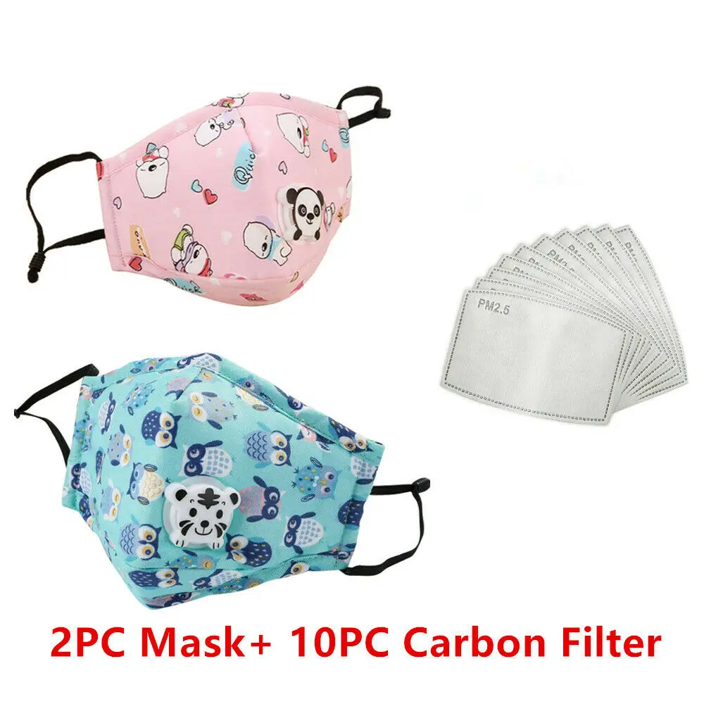 

2PCS Masks +10 Corbon Filters Cotton Kids Children Anti Pollution PM2.5 3M Air Dust Face Masks Washable Reusable Mouth Cover