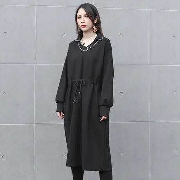 

LANMREM 2020 New Spring Fashion Women Lace-up Mid-length Dress Streetwear Loose Casual High Waist A-line Dress Tide PD059