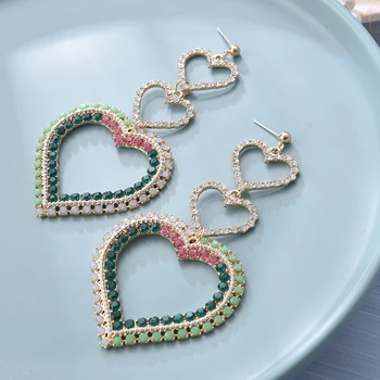 

Bestessy New Luxury Green Crystal 3 Heart Pendant Long Drop Earrings For Women Bling Rhinestone Pendientes Party Wedding Jewelry