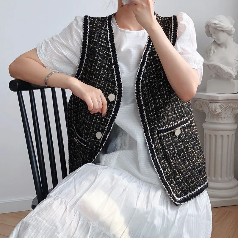 

HLHPYHB Women Gold Silk Stripes Plaid Tweed Vest Coat Female Twist Edge Tanks Vest Outwear Tops Autumn Celebrity Loose Waistcoat