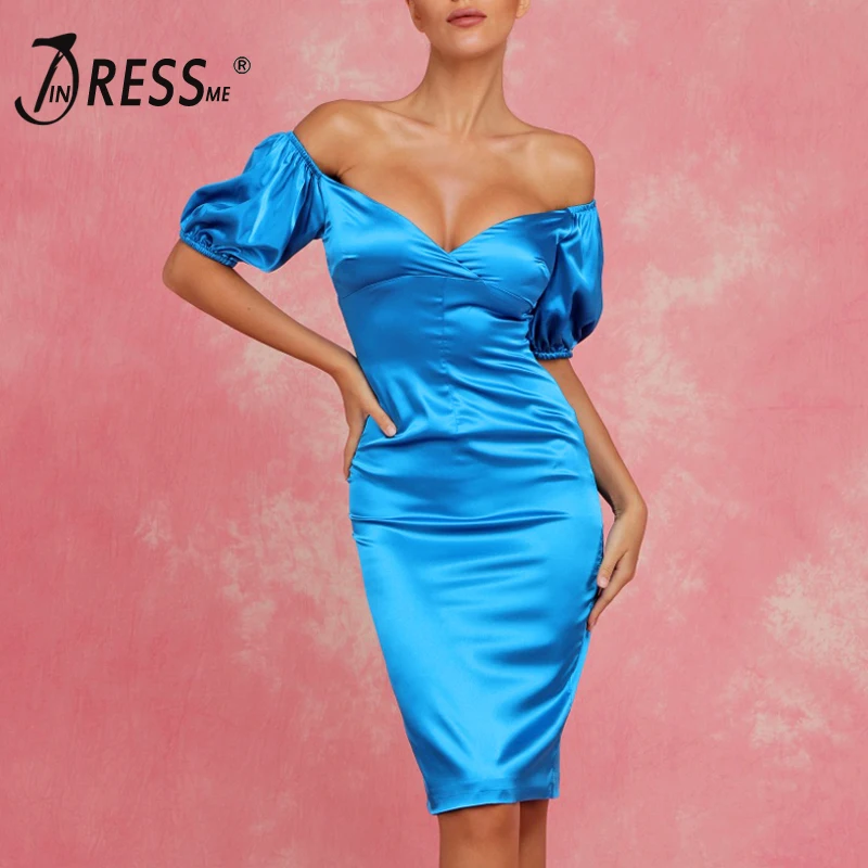 INDRESSME, женское платье с открытыми плечами, коротким рукавом, v-образным вырезом, высокой талией, длиной до колена, облегающее, сексуальное, Клубное, для вечеринок, платья