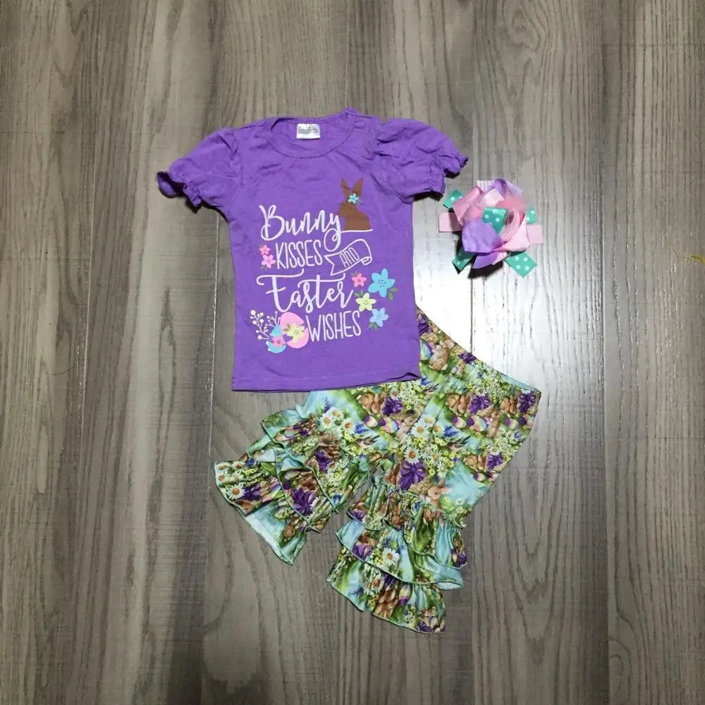 

baby girls Easter outfits girls purple bunny shirt with floral capri pant girls cute outfit with bow