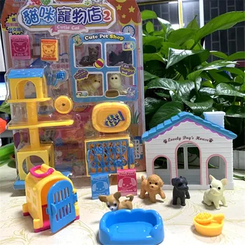 

Doll Accessories Playhouse Cute Pet Kitten Puppy with Cage Simulation Animal Model Interactive Plastic Toys for Girls Children