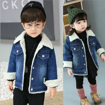

Children's clothing boys lamb wool jeans winter clothing new children and girls plus velvet padded denim coat tide