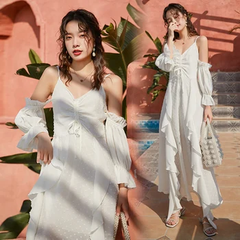 

Maxi White Women Straps Dress Summer Elegant Party Vacation Beach Long Dress Tropical Fairy Vintage Ruffle Runway 2020 Sundress