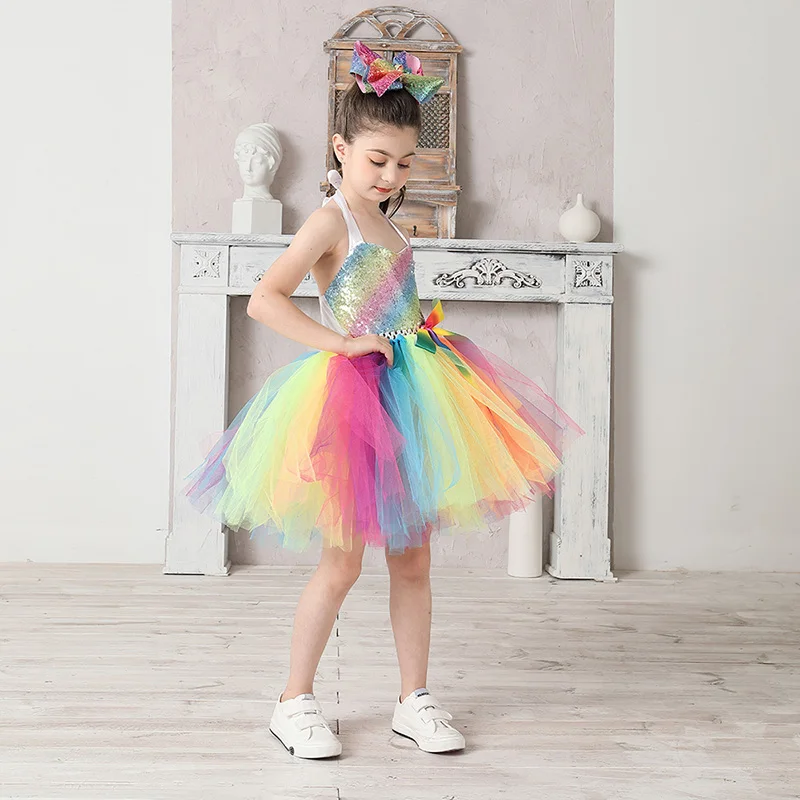 Rainbow Sequins Girl Princess Tutu Dress Kids Wedding Birthday Party Pageant Tulle Dresses Vestidos Children Bow Clothing (3)