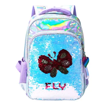 

Children School Bags for Girls Sequins Butterfly Print Kids Backpack Orthopedic Backpacks Blingbling Silver Schoolbag Grade 1-6