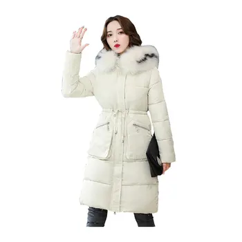 

Women Medium Long Winter Jacket Fur Collar Hooded Drawstring Waist down jacket Oversize Cotton padded Parkas Casaco Feminino