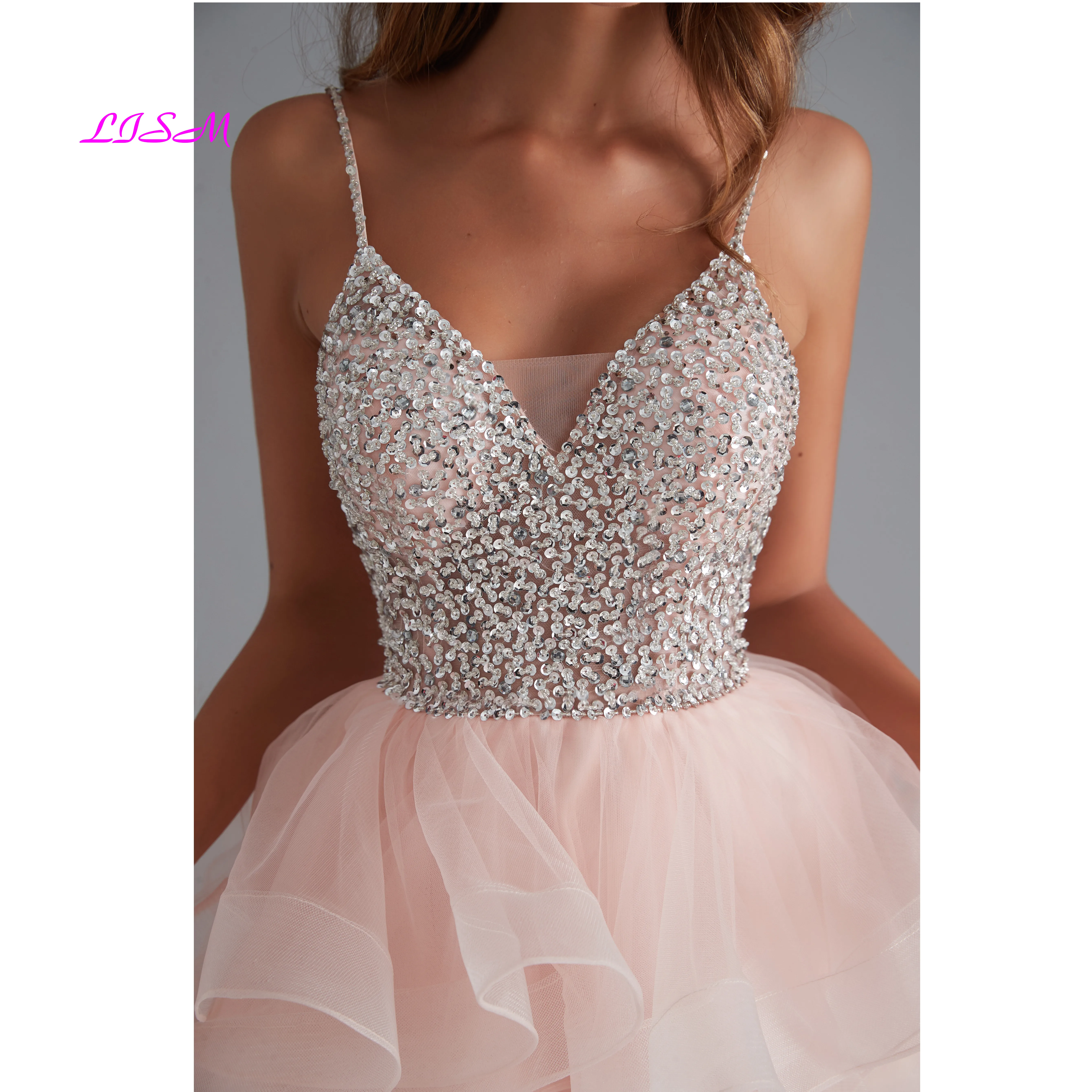 Spaghetti Beaded Bodice Mini Homecoming Dress Tulle Short Prom Dresses Sequin Crystals Party Gowns 8 grade graduation dress
